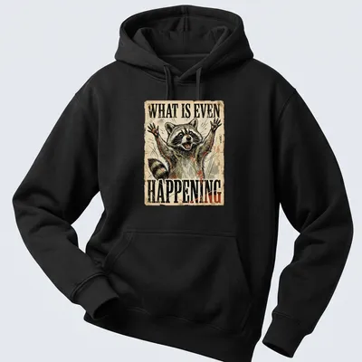 Vintage distressed T-shirt featuring a confused raccoon with humorous text above — printed on a unisex hoodie