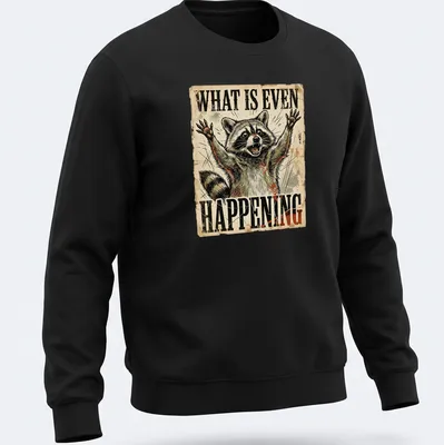 Vintage distressed T-shirt featuring a confused raccoon with humorous text above — printed on a unisex sweatshirt