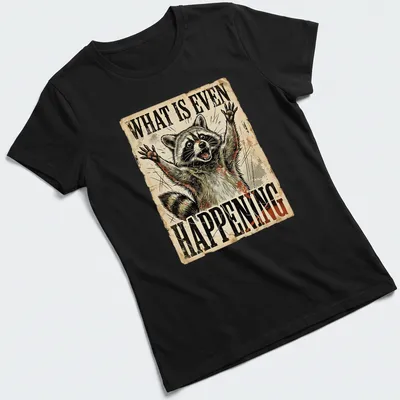 Vintage distressed T-shirt featuring a confused raccoon with humorous text above — printed on a women's shirt