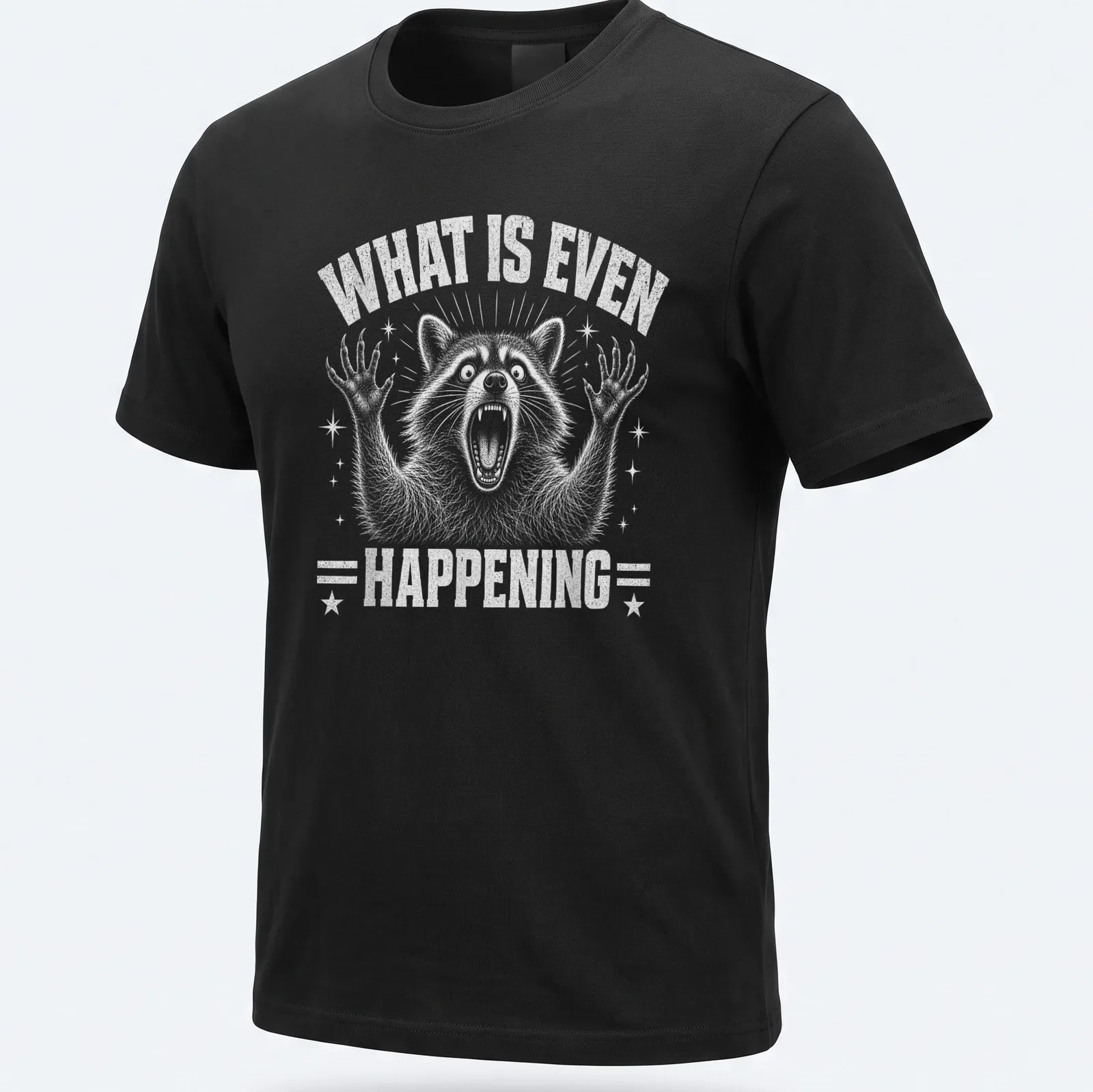 Vintage distressed T-shirt with a yelling raccoon and humorous text — printed on a unisex t-shirt