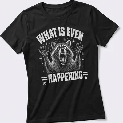 Vintage distressed T-shirt with a yelling raccoon and humorous text — printed on a women's shirt