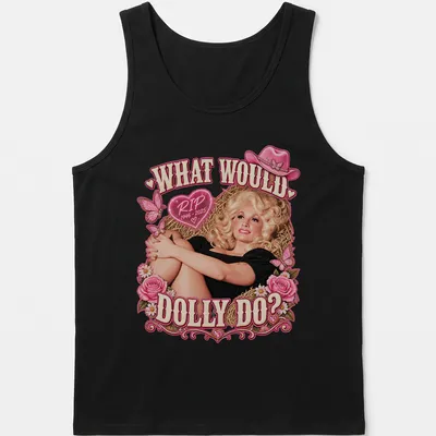 Vintage tribute t-shirt with Dolly Parton illustration and text in pink and black — printed on a tank top