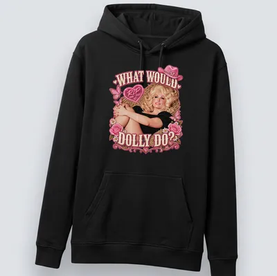 Vintage tribute t-shirt with Dolly Parton illustration and text in pink and black — printed on a unisex hoodie