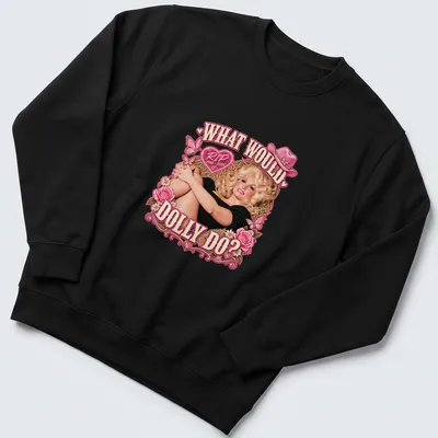Vintage tribute t-shirt with Dolly Parton illustration and text in pink and black — printed on a unisex sweatshirt