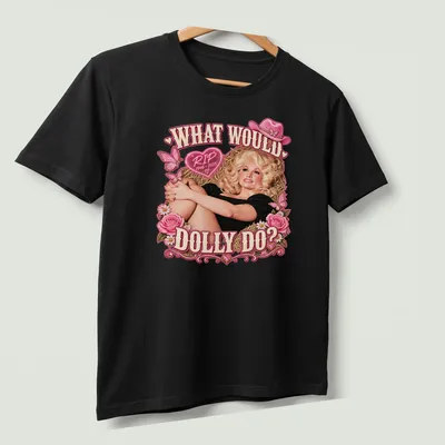 Vintage tribute t-shirt with Dolly Parton illustration and text in pink and black — printed on a unisex t-shirt (angled view)