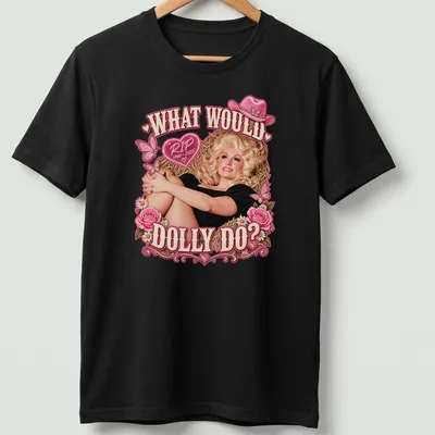 Vintage tribute t-shirt with Dolly Parton illustration and text in pink and black — printed on a unisex t-shirt