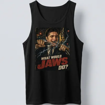 Retro distressed shirt with the phrase What Would Jaws Do? and a man with sharp teeth — printed on a tank top