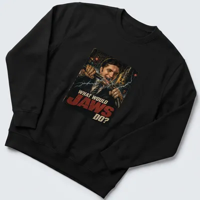 Retro distressed shirt with the phrase What Would Jaws Do? and a man with sharp teeth — printed on a unisex sweatshirt