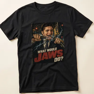 Retro distressed shirt with the phrase What Would Jaws Do? and a man with sharp teeth — printed on a unisex t-shirt