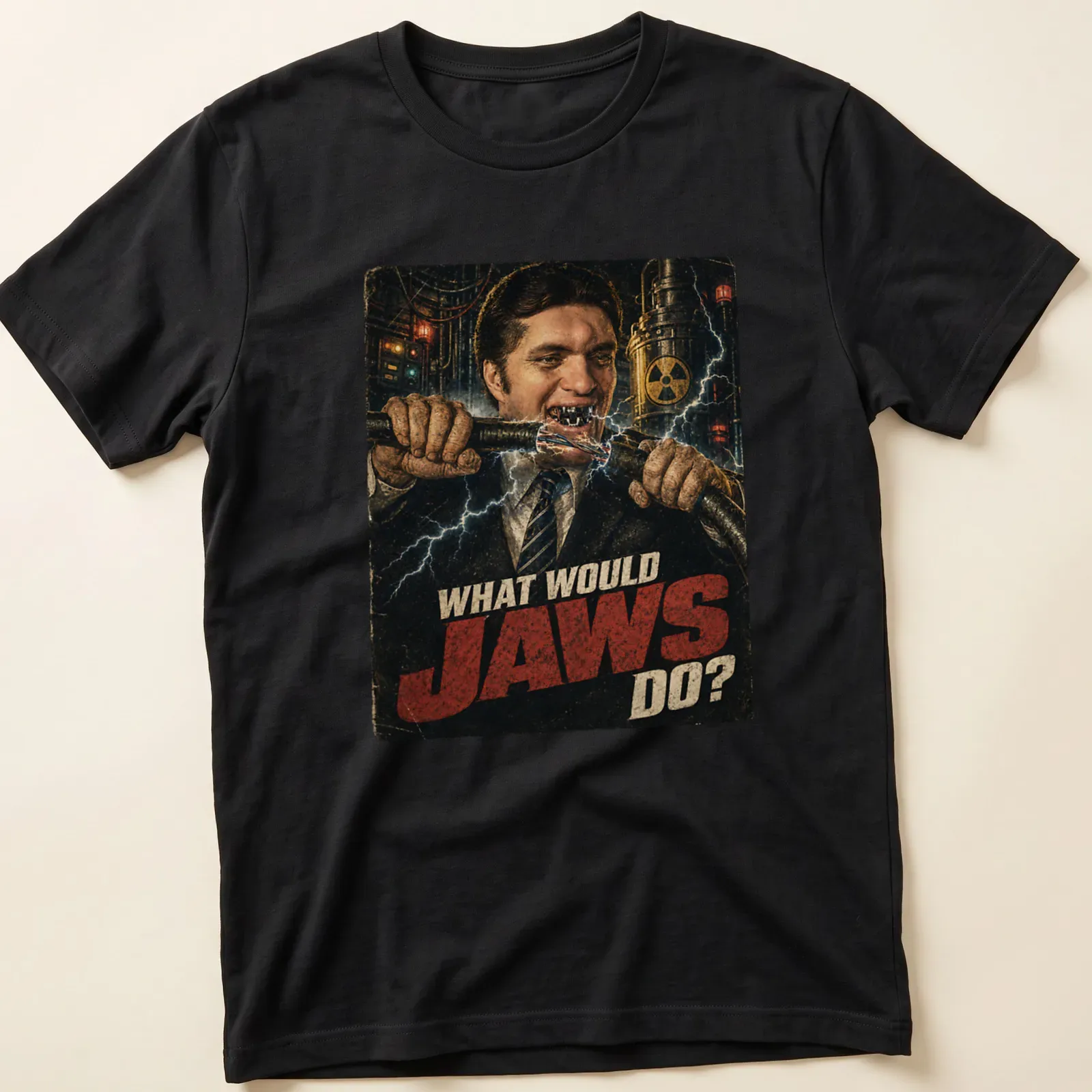Retro distressed shirt with the phrase What Would Jaws Do? and a man with sharp teeth — printed on a unisex t-shirt