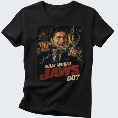 Retro distressed shirt with the phrase What Would Jaws Do? and a man with sharp teeth — printed on a women's shirt