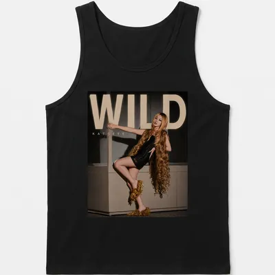 Bold WILD Katseye text above an illustration of a fashion model in gold and black — printed on a tank top