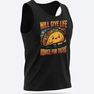 Vintage distressed taco character t-shirt with humorous life advice text — printed on a tank top