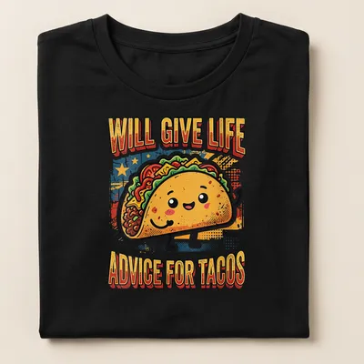 Vintage distressed taco character t-shirt with humorous life advice text — printed on a women's shirt