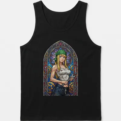 Stained glass illustration of Winry Rockbell in blue, green, purple, yellow, and brown — printed on a tank top