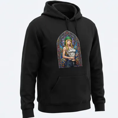 Stained glass illustration of Winry Rockbell in blue, green, purple, yellow, and brown — printed on a unisex hoodie