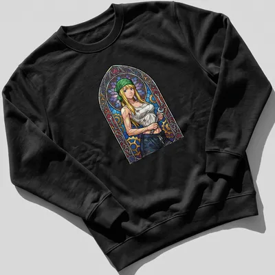Stained glass illustration of Winry Rockbell in blue, green, purple, yellow, and brown — printed on a unisex sweatshirt