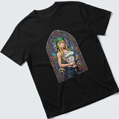 Stained glass illustration of Winry Rockbell in blue, green, purple, yellow, and brown