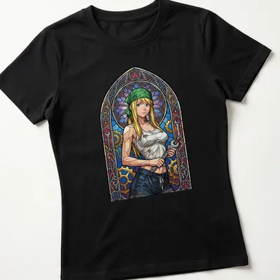 Stained glass illustration of Winry Rockbell in blue, green, purple, yellow, and brown — printed on a women's shirt