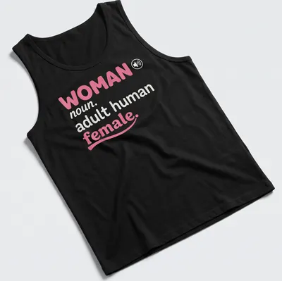 Playful typographic definition of 'woman' in pink and white — printed on a tank top