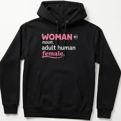 Playful typographic definition of 'woman' in pink and white — printed on a unisex hoodie