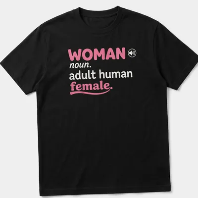 Playful typographic definition of 'woman' in pink and white