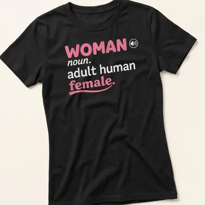 Playful typographic definition of 'woman' in pink and white — printed on a women's shirt