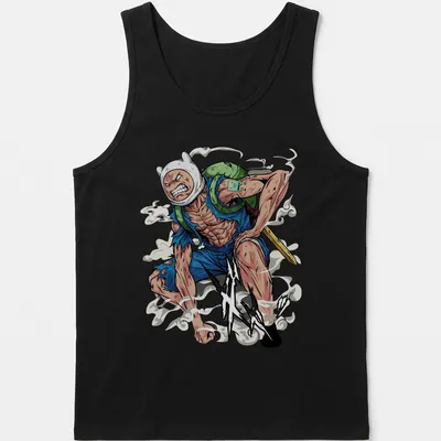 Epic anime depiction of Finn from Adventure Time with text 'X!!' — printed on a tank top