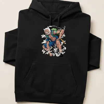 Epic anime depiction of Finn from Adventure Time with text 'X!!' — printed on a unisex hoodie