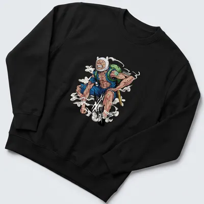 Epic anime depiction of Finn from Adventure Time with text 'X!!' — printed on a unisex sweatshirt