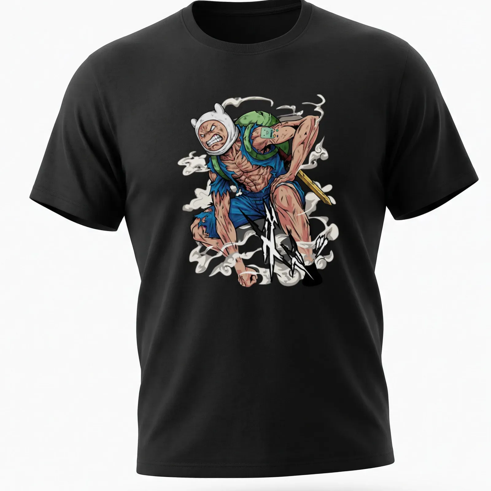 Epic anime depiction of Finn from Adventure Time with text 'X!!' — printed on a unisex t-shirt