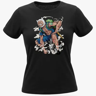 Epic anime depiction of Finn from Adventure Time with text 'X!!' — printed on a women's shirt