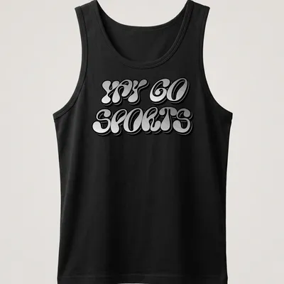 Bold playful design saying 'YAY GO SPORTS' on a black background — printed on a tank top