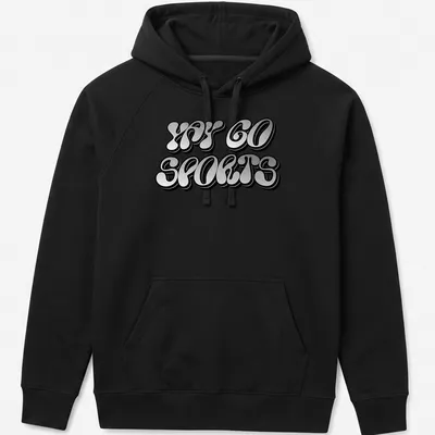Bold playful design saying 'YAY GO SPORTS' on a black background — printed on a unisex hoodie