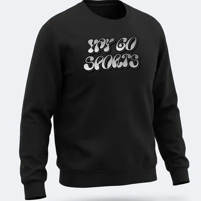 Bold playful design saying 'YAY GO SPORTS' on a black background — printed on a unisex sweatshirt