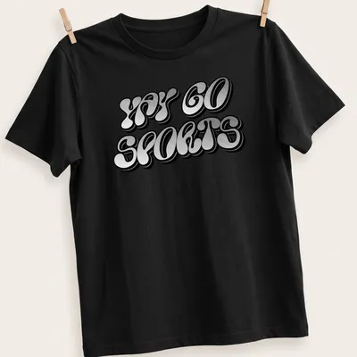 Bold playful design saying 'YAY GO SPORTS' on a black background