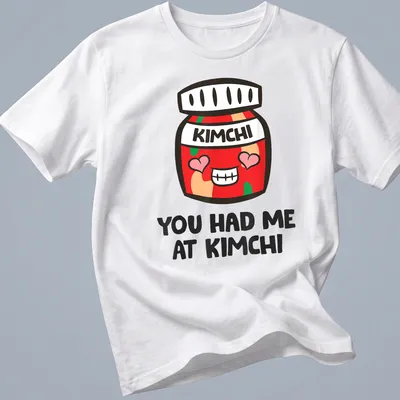 Kawaii-style shirt featuring a cute kimchi jar with joyful text