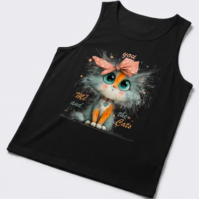 Whimsical illustration of a cute cat character with colorful text. — printed on a tank top