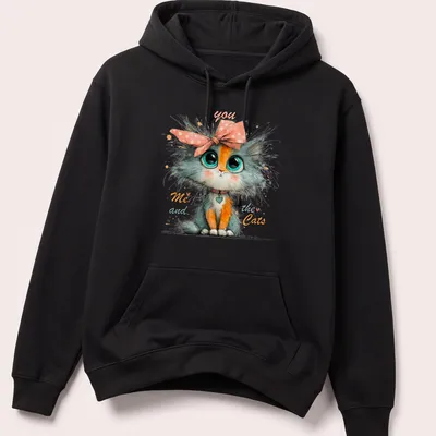 Whimsical illustration of a cute cat character with colorful text. — printed on a unisex hoodie