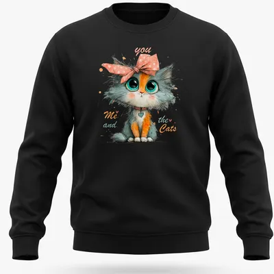 Whimsical illustration of a cute cat character with colorful text. — printed on a unisex sweatshirt