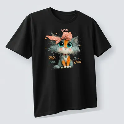 Whimsical illustration of a cute cat character with colorful text. — printed on a unisex t-shirt (angled view)