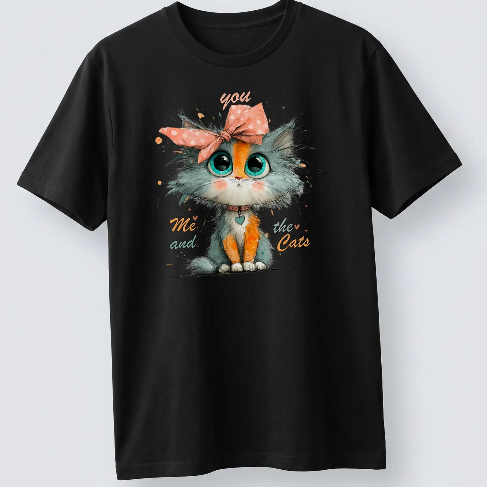 Whimsical illustration of a cute cat character with colorful text. — printed on a unisex t-shirt