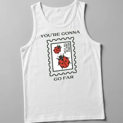 Illustrative T-shirt with ladybugs and encouraging text in red and green — printed on a tank top