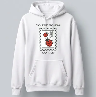 Illustrative T-shirt with ladybugs and encouraging text in red and green — printed on a unisex hoodie