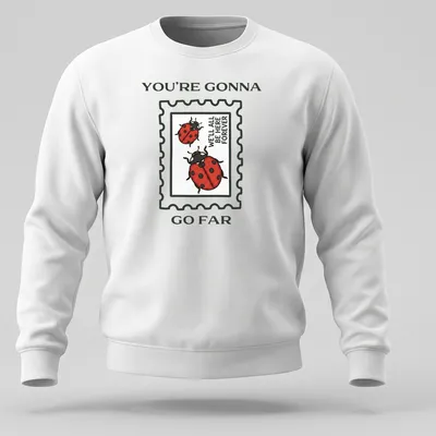 Illustrative T-shirt with ladybugs and encouraging text in red and green — printed on a unisex sweatshirt