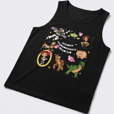 Toy Story characters with colorful cartoon style and printed text about friendship — printed on a tank top
