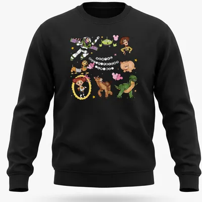 Toy Story characters with colorful cartoon style and printed text about friendship — printed on a unisex sweatshirt