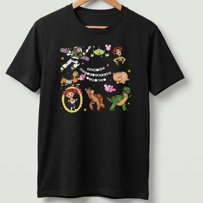 Toy Story characters with colorful cartoon style and printed text about friendship — printed on a unisex t-shirt