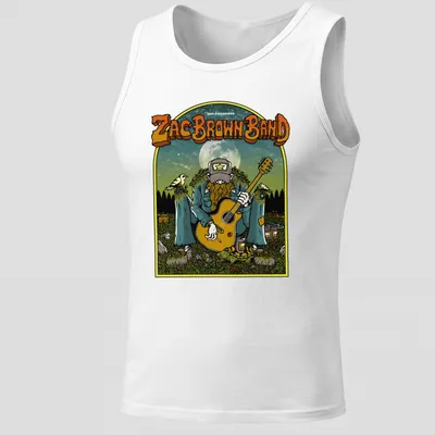 Vintage illustration of a guitar player under a moonlit sky with Zac Brown Band text — printed on a tank top