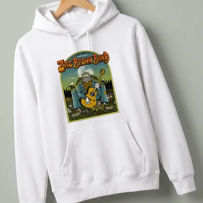 Vintage illustration of a guitar player under a moonlit sky with Zac Brown Band text — printed on a unisex hoodie